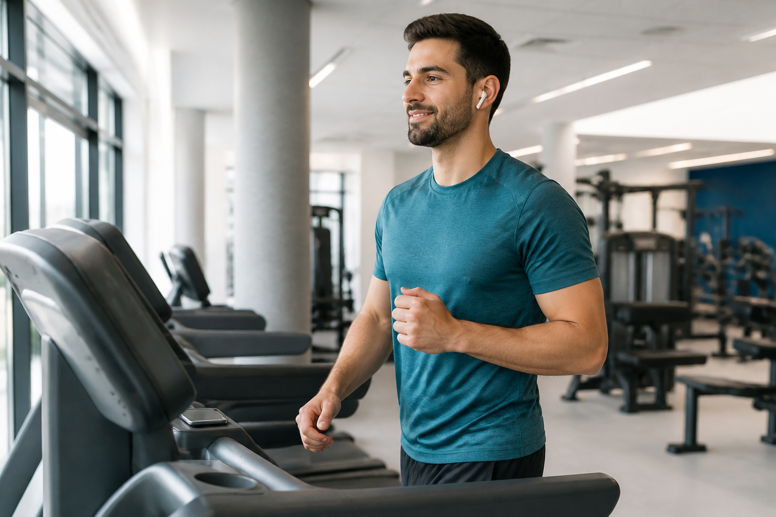 A person lightly jogging on a treadmill while listening through wireless earbuds, showing how audiobooks while working out can turn fitness time into focused learning time.