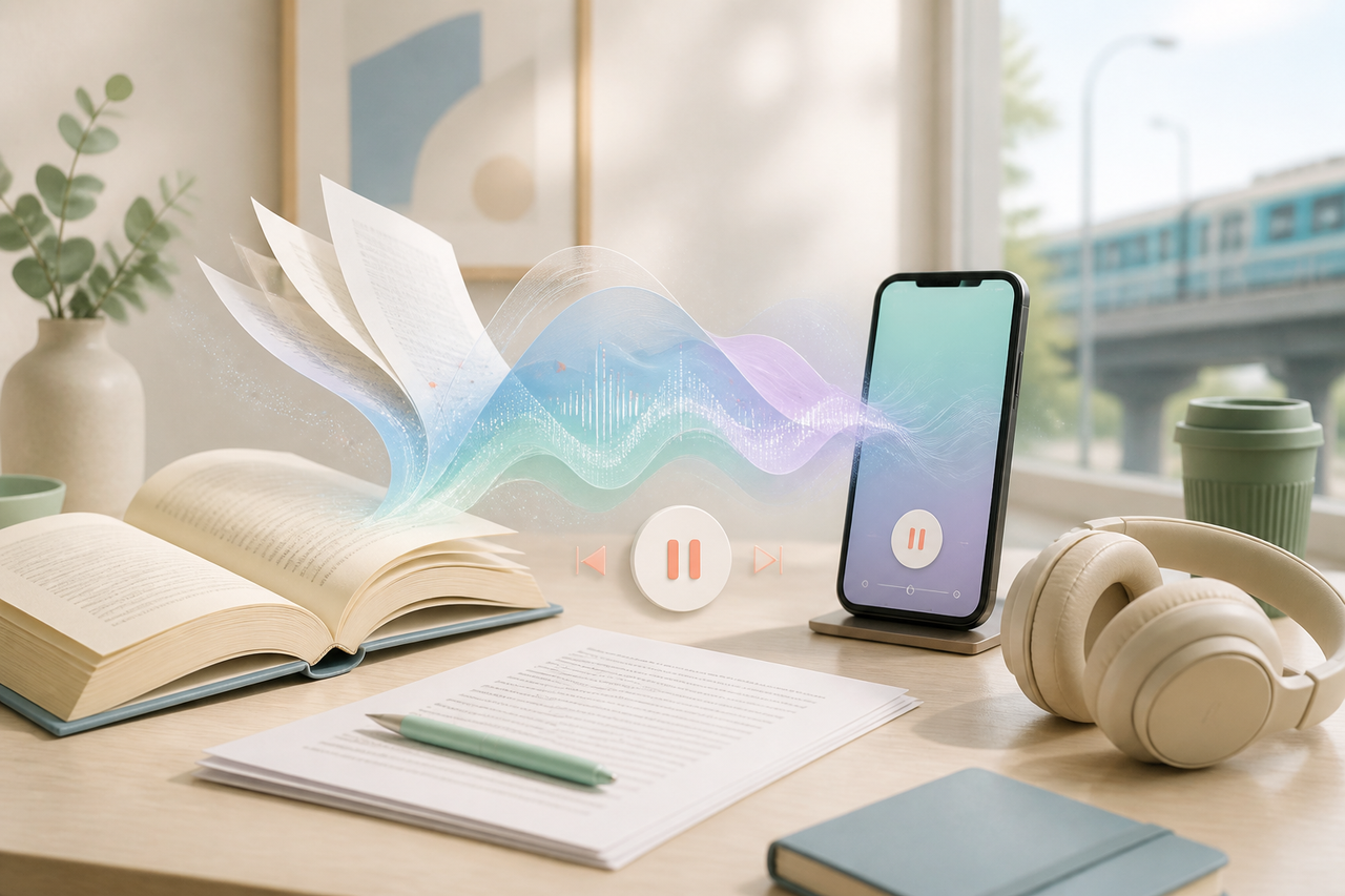 A book and document pages flow into a phone and headphones, illustrating accessible text-to-speech listening and a flexible screen-free reading routine.