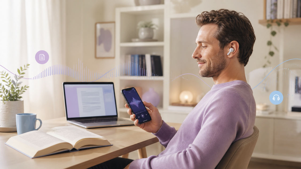A relaxed listener uses headphones and a phone beside an open book, illustrating a flexible way to hear books and documents.