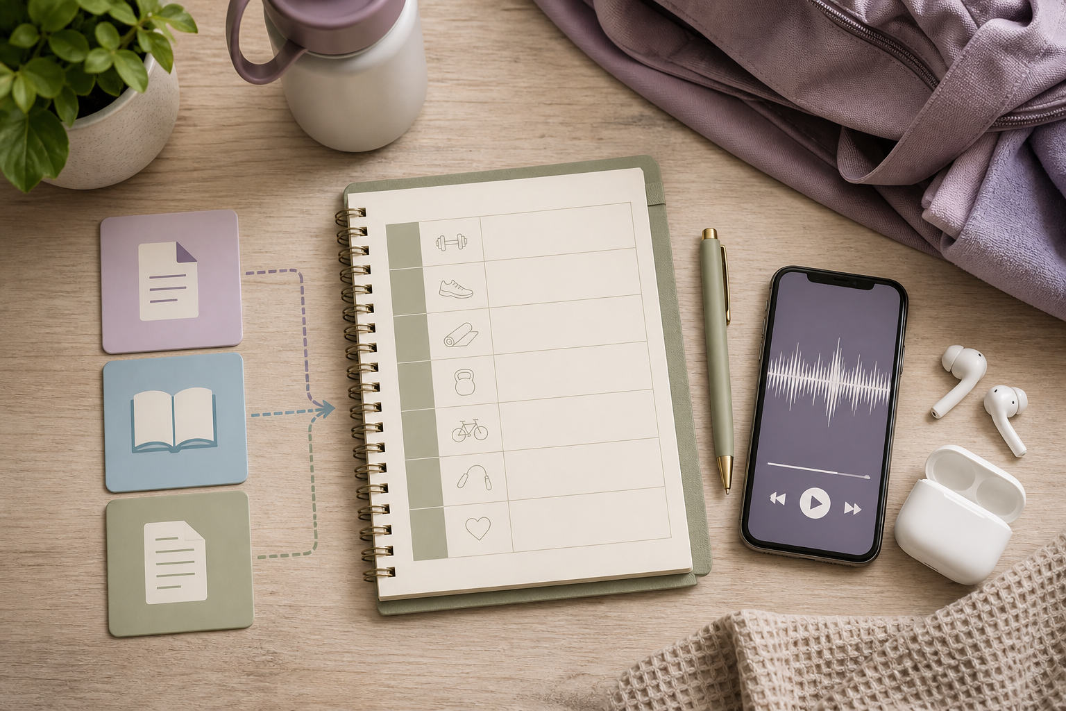 A prepared listening queue connects workout planning with PDF, EPUB, and DOCX materials ready to become audio.