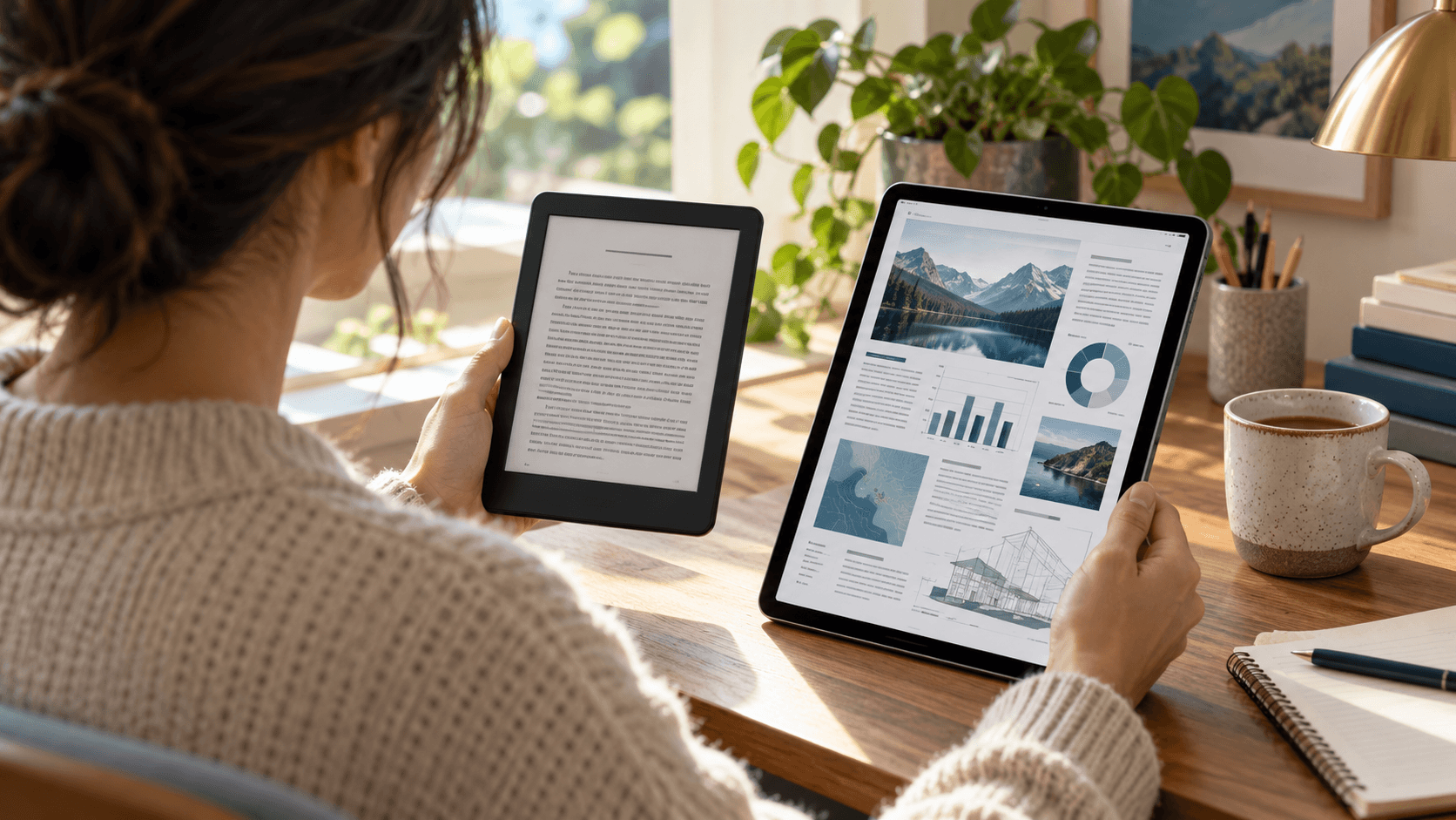 Person comparing a text-led PDF on an e-reader and a layout-heavy file on a tablet