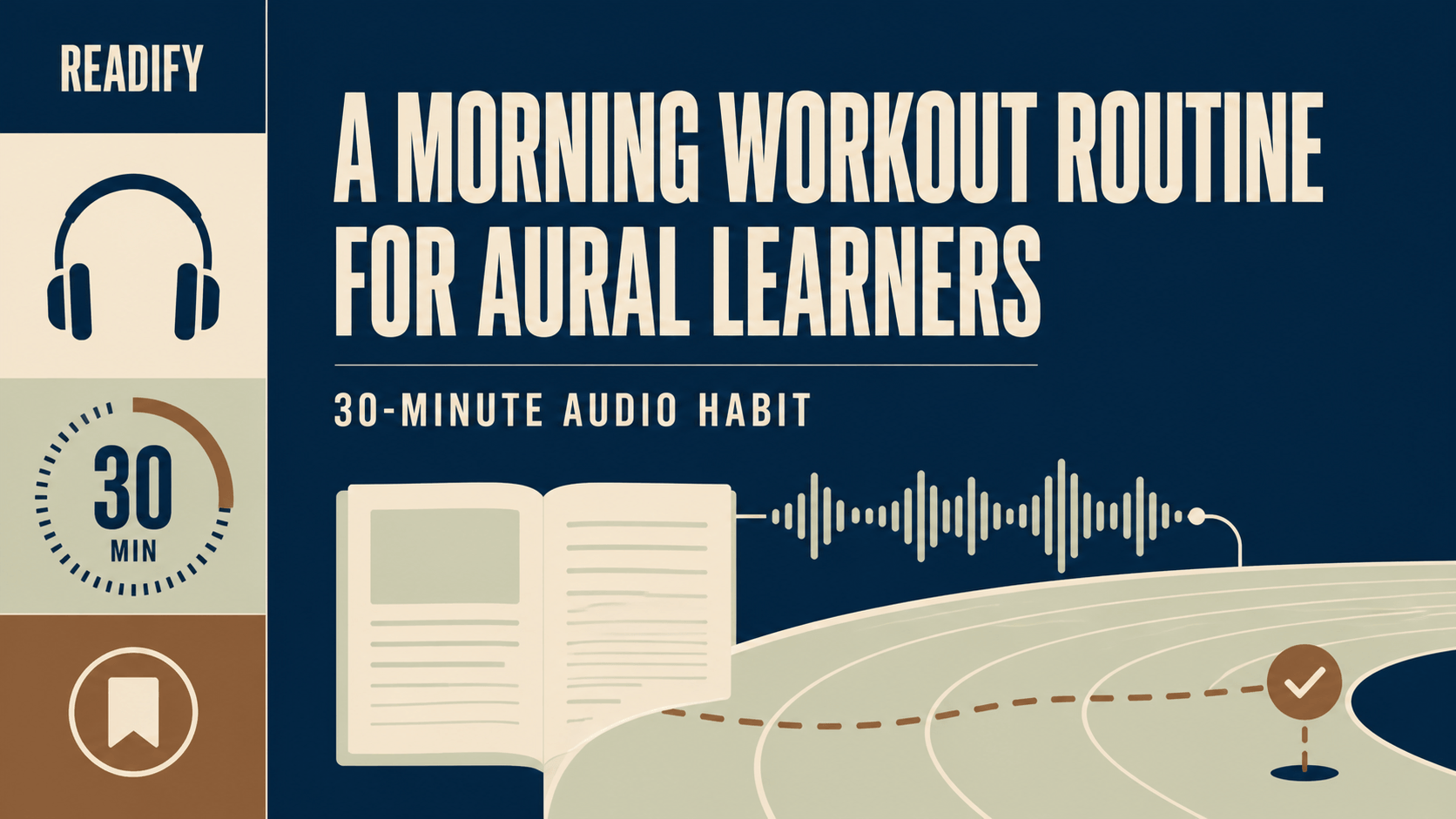 Editorial Readify cover showing a 30-minute timer, headphones, an open document, an audio waveform, and a running track for a morning workout listening routine.