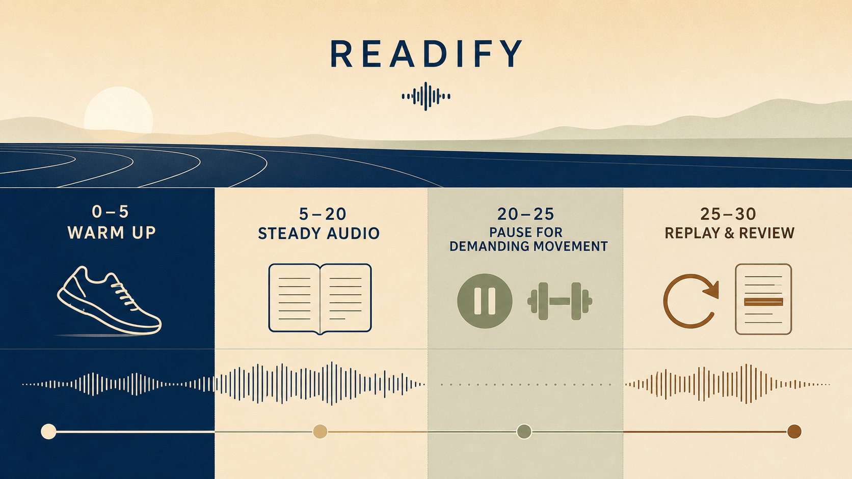 A 30-minute Readify workout timeline moves from warm-up to steady audio, pauses during demanding movement, and resumes with replay and review.