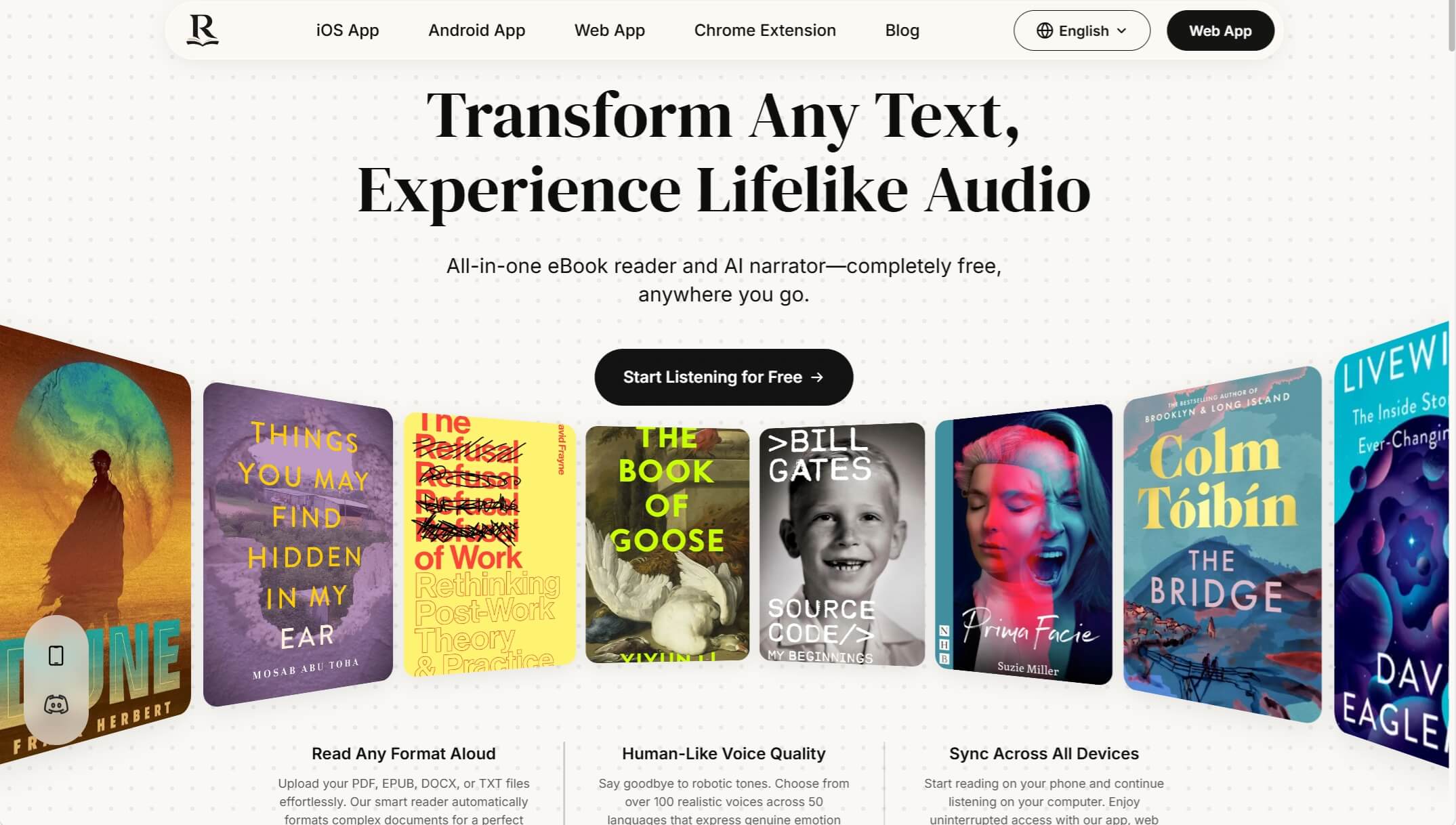 Readify homepage showing its free AI narrator for turning text, PDFs, and ebooks into lifelike audio