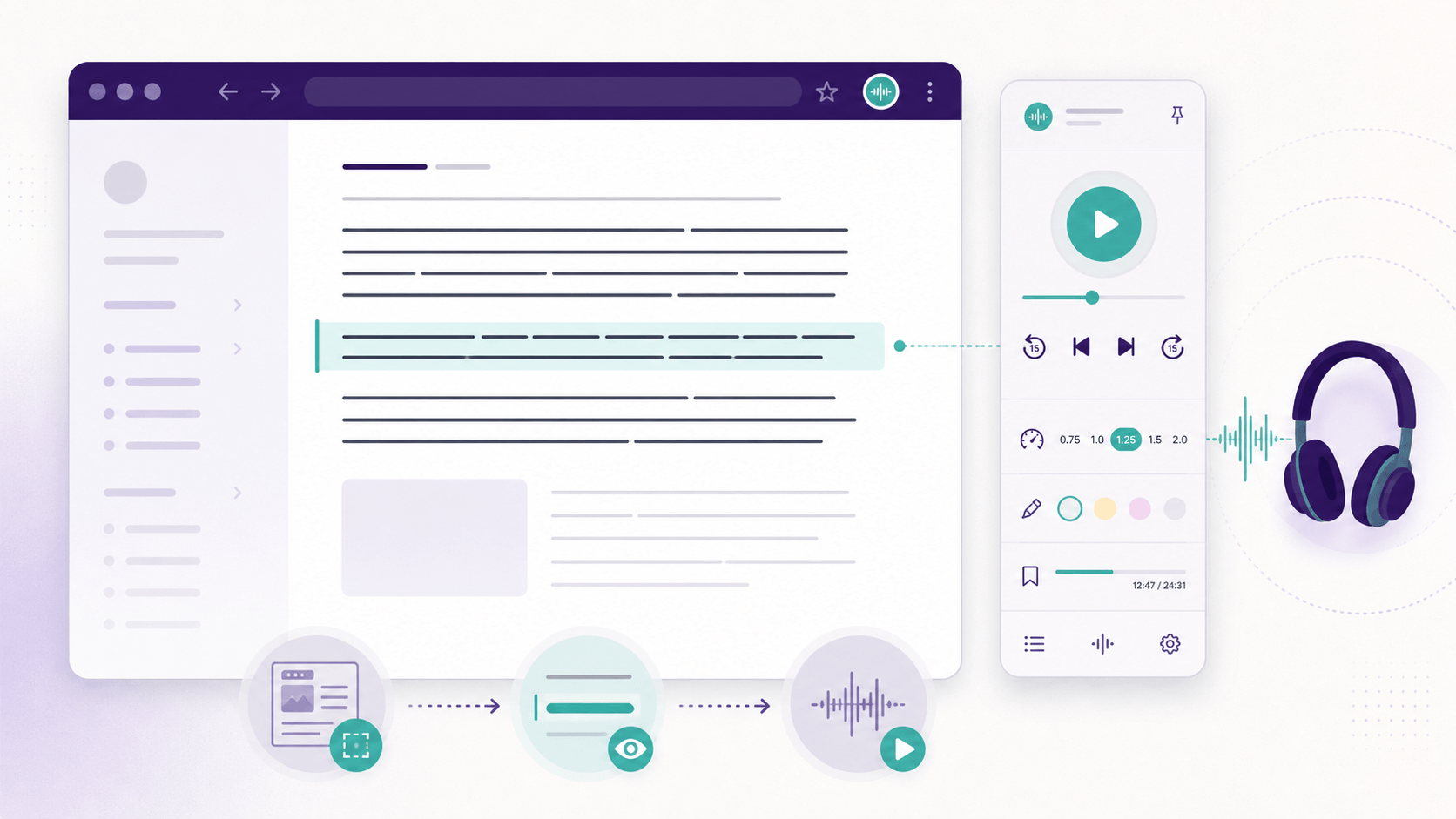 Browser article with synchronized sentence highlighting, playback-speed controls, an audio waveform, and headphones illustrating a read-aloud Chrome extension.