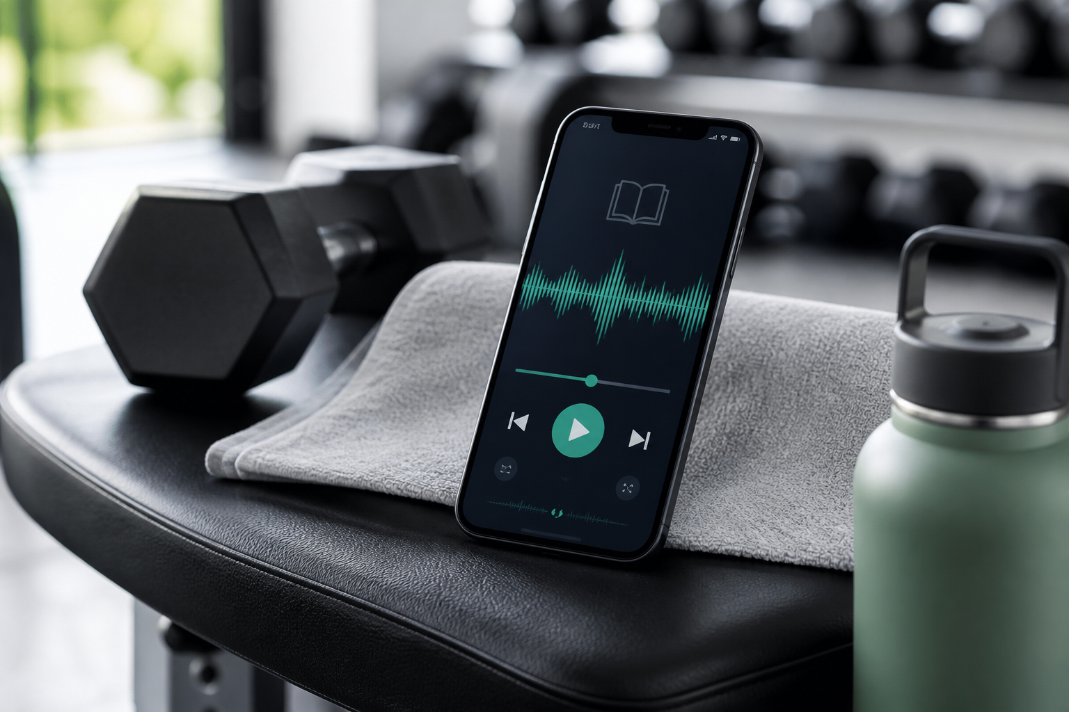 A smartphone with a generic audio reading interface placed beside dumbbells and gym gear, illustrating AI Reader, workout audiobooks, and hands-free reading during training.