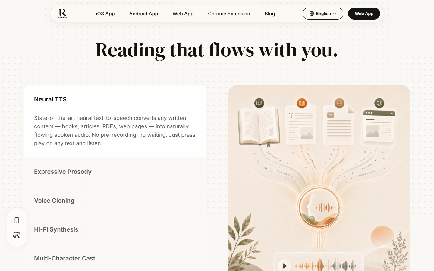 Readify Neural TTS feature page illustrating how books, documents, PDFs, and webpages become natural spoken audio