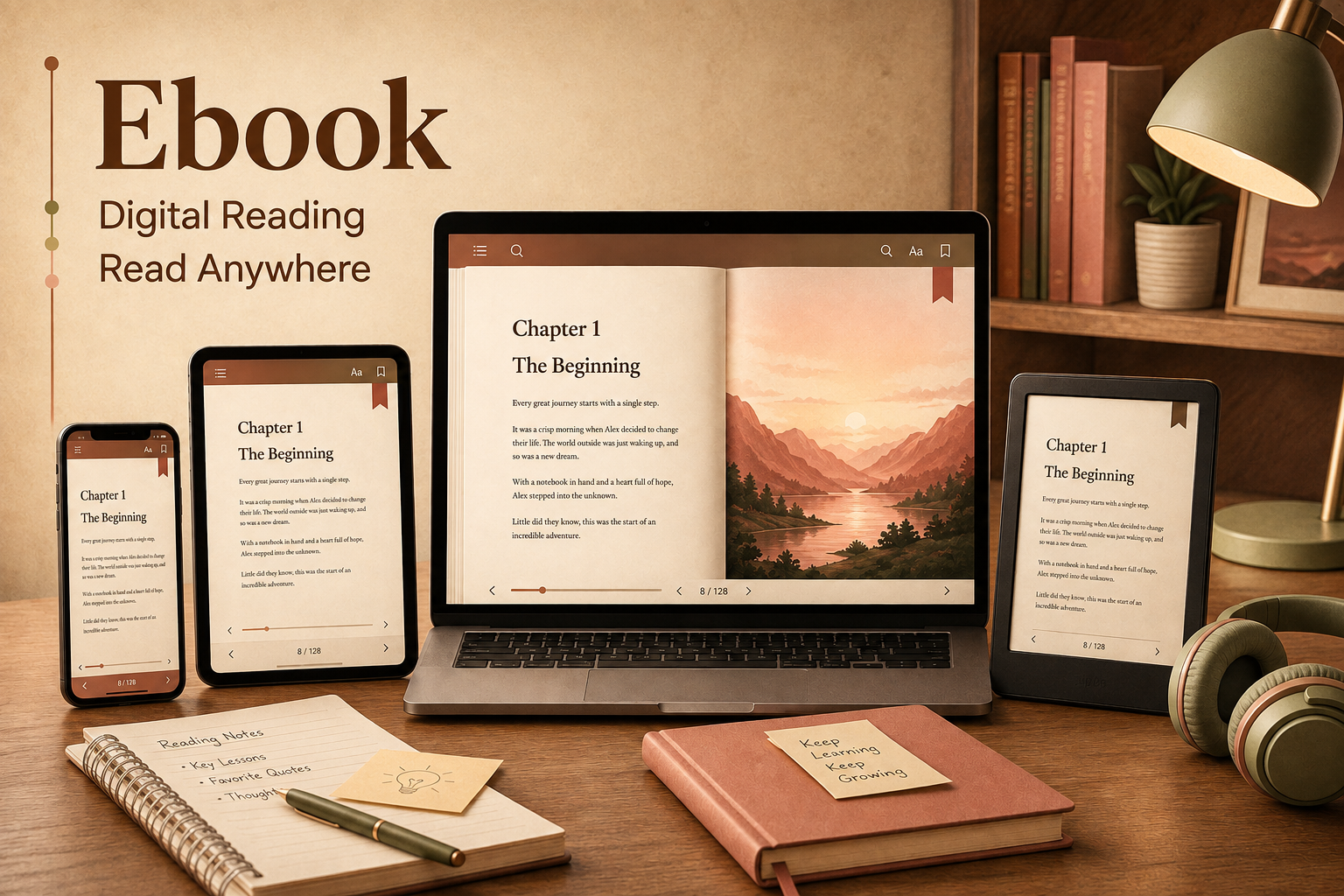 Image description: Multiple devices show the same ebook reading experience across phone, tablet, laptop, and digital reader-style screens.