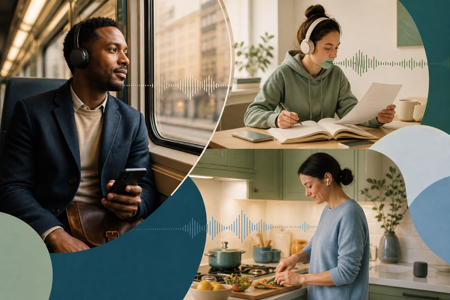 A professional, student, and parent use audio reading during a commute, a study session, and home tasks, illustrating Readify in everyday life.