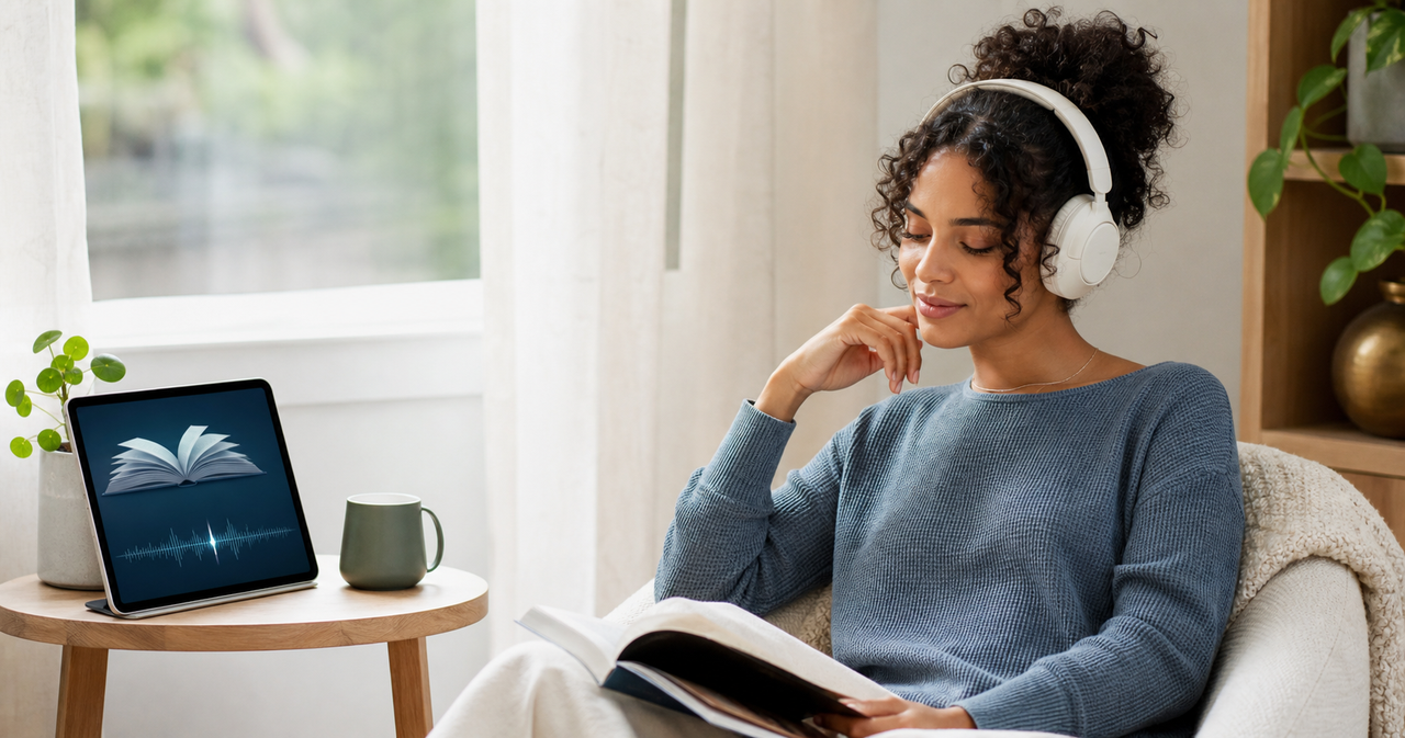 A listener enjoys a book while a tablet turns reading into a calm audio experience.