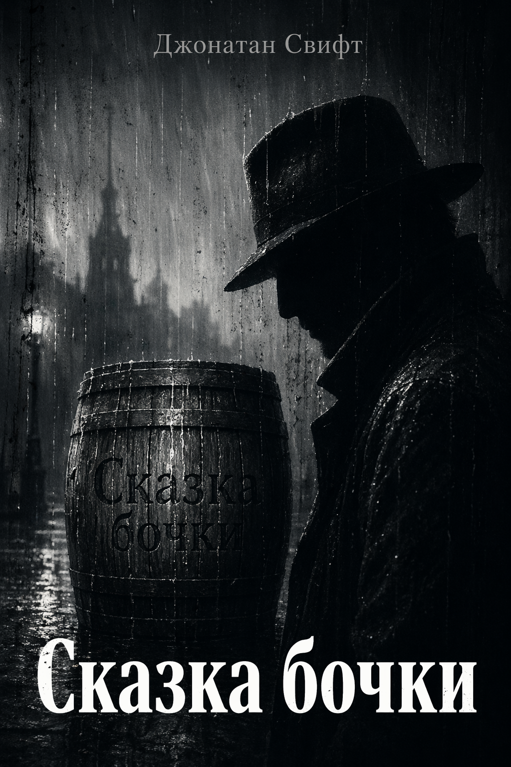 A Tale of a Tub satirical book cover by Jonathan Swift, noir black white rainy city scene with fedora man silhouette and wooden barrel