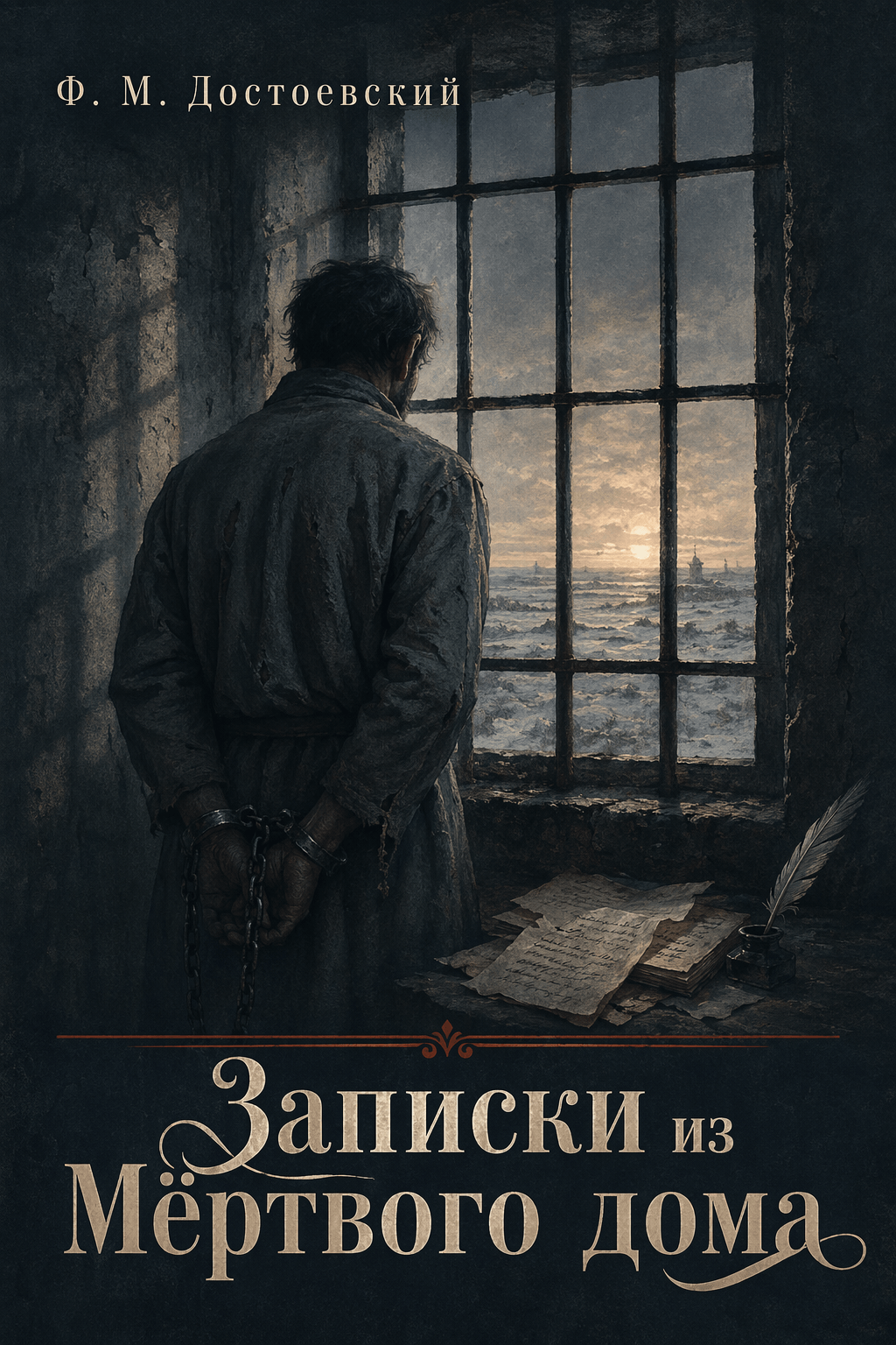The House of the Dead novel cover by Fyodor Dostoevsky, chained prisoner inside prison cell staring at snowy sunset through iron window, old manuscripts and quill pen