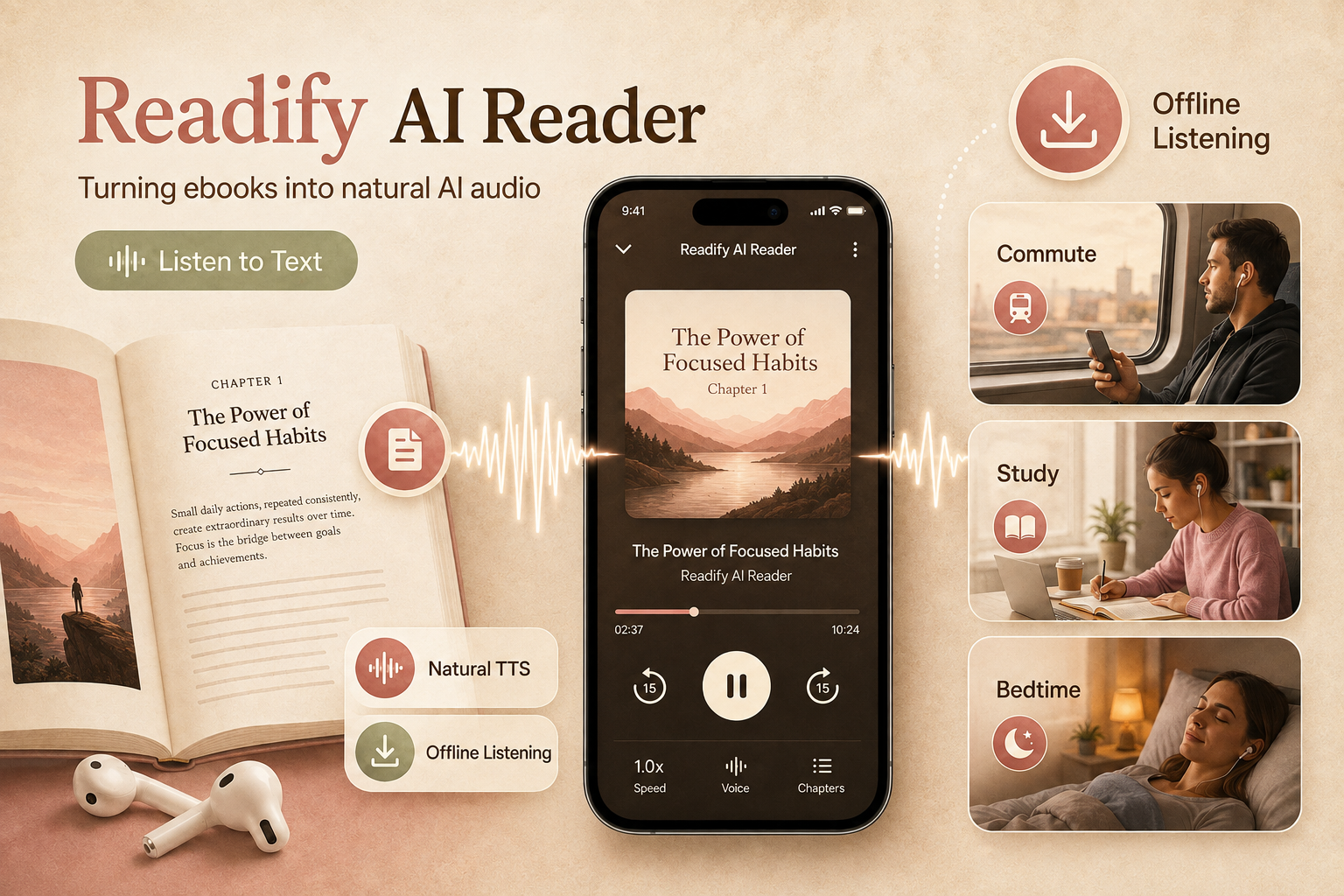 Image description: Readify AI Reader turns ebook content into natural audio with commute, study, and bedtime reading scenes.