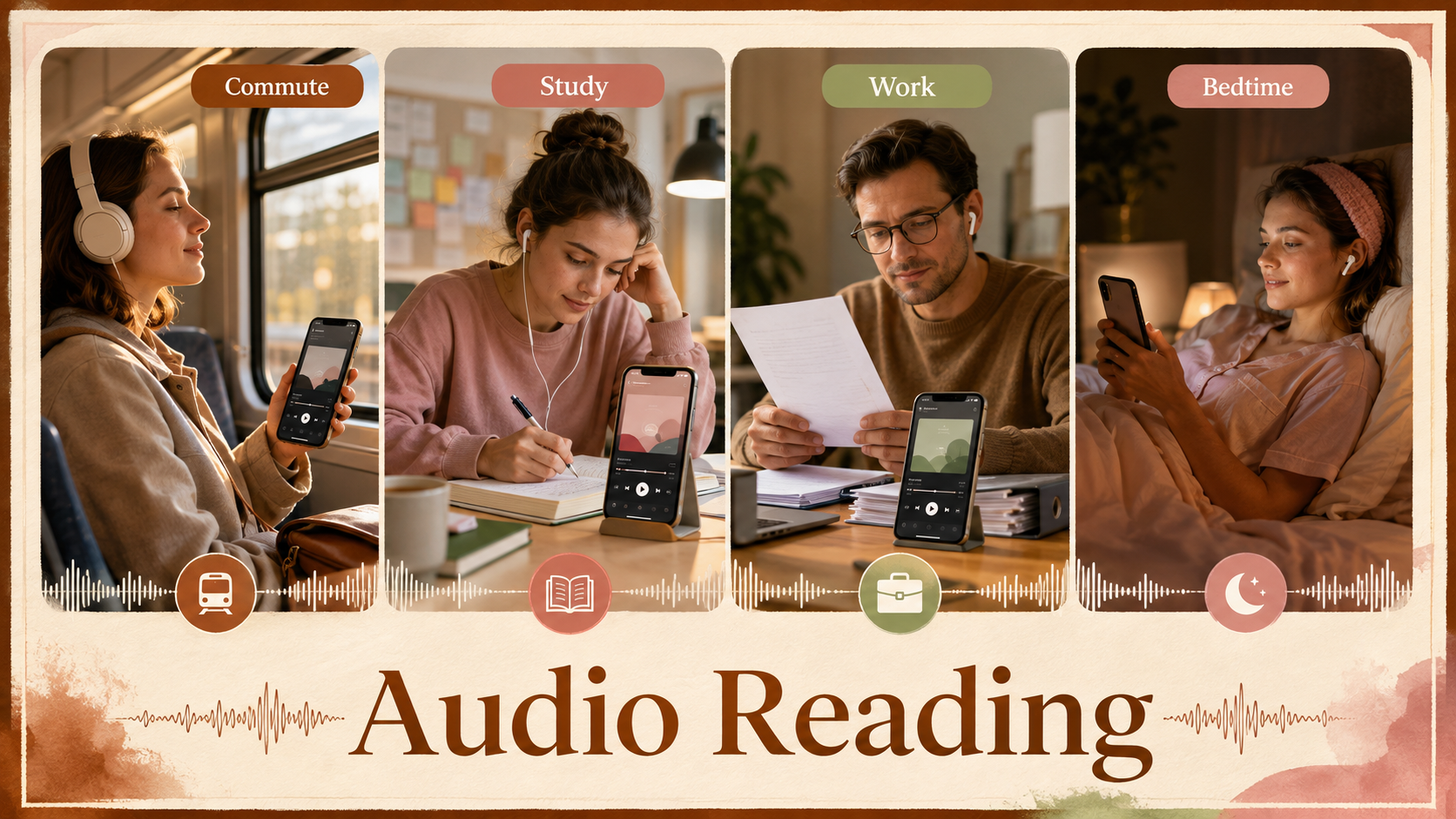 Image description: Four everyday listening scenarios show how audiobook apps and AI audio reading fit commuting, studying, work, and bedtime routines.