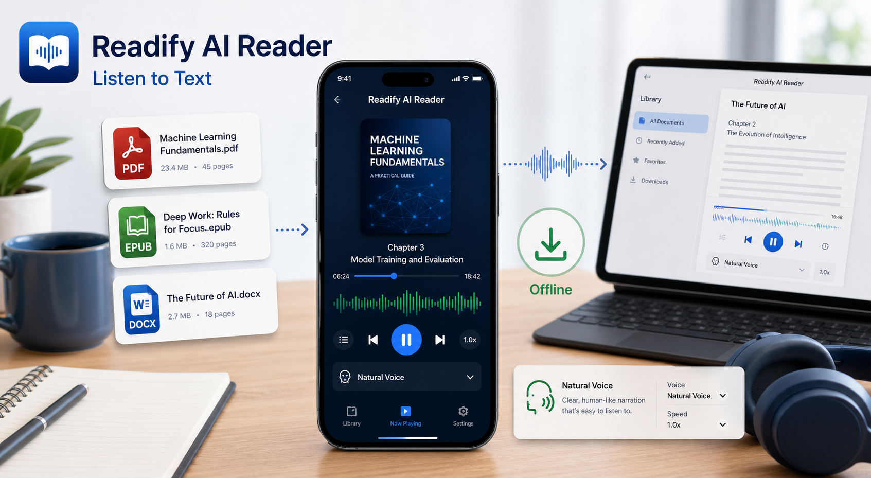 A richer Readify product workflow showing PDF, EPUB, and DOCX documents moving into AI narration, natural voice playback, and offline listening.