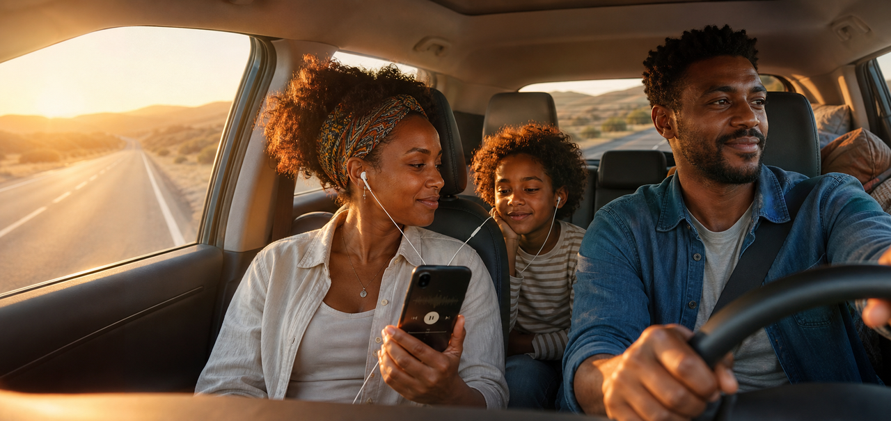  A family shares an audiobook inside a car while traveling along an open highway at golden hour.