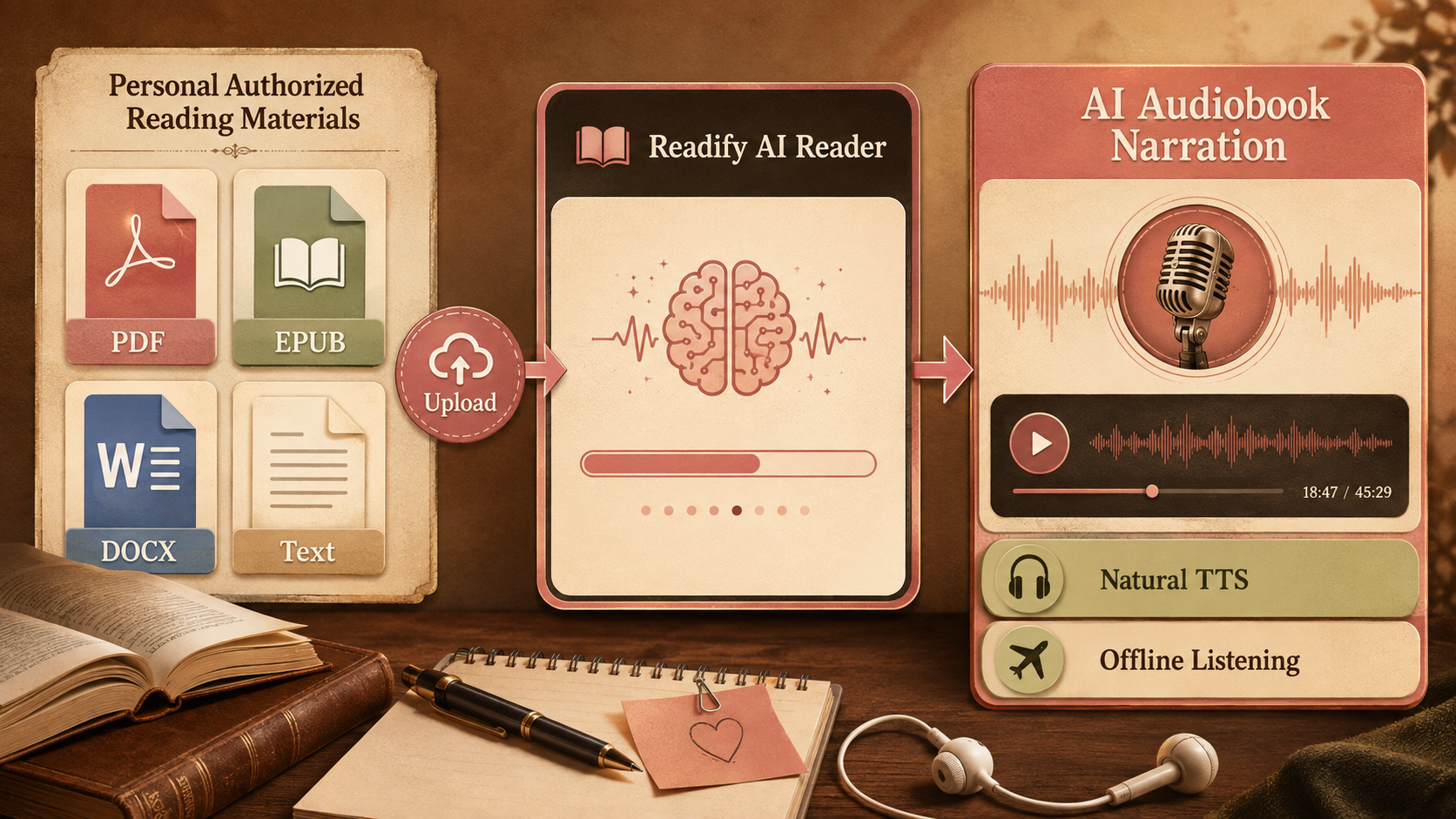 Image description: PDF, EPUB, DOCX, and text files move through Readify AI Reader to become AI audiobook narration with natural TTS and offline listening.