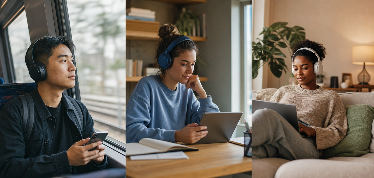 Three listeners use Readify-style audio reading in everyday settings: a train, a study desk, and a home sofa.