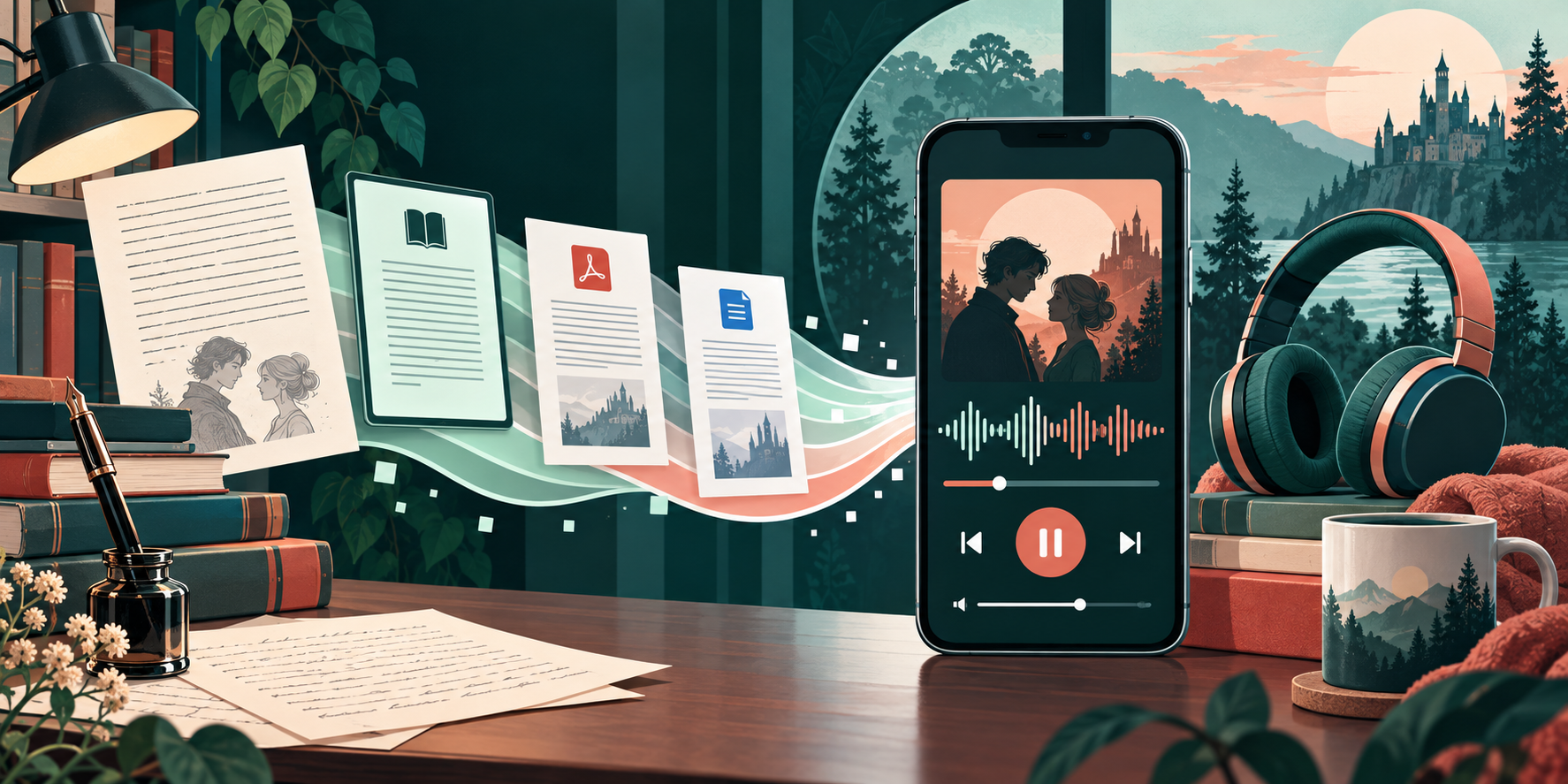 Image description: A detailed document-to-audio workflow showing manuscript, EPUB, PDF, and DOCX files moving into a smartphone audio player with waveform controls.