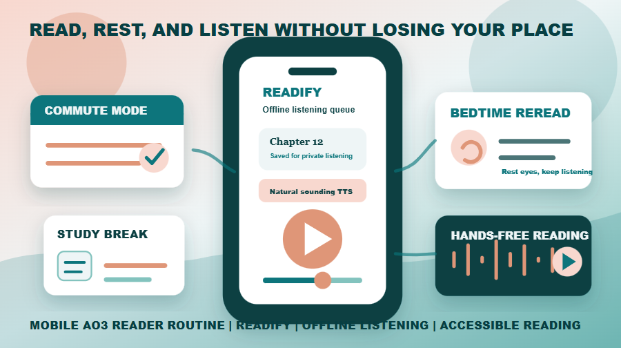 Image description: A mobile-first listening scene showing Readify as an audio queue for long fanfiction chapters, with offline listening and safe reading moments highlighted.