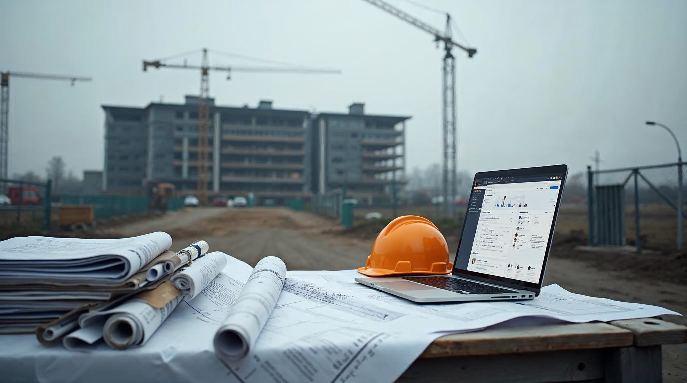 Construction site with building drawings, hard hat and laptop showing digital documentation control.