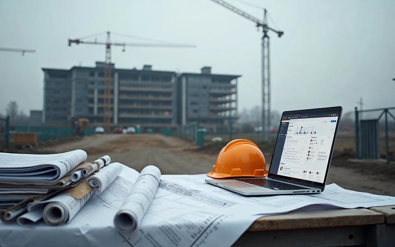 Construction site with building drawings, hard hat and laptop showing digital documentation control.