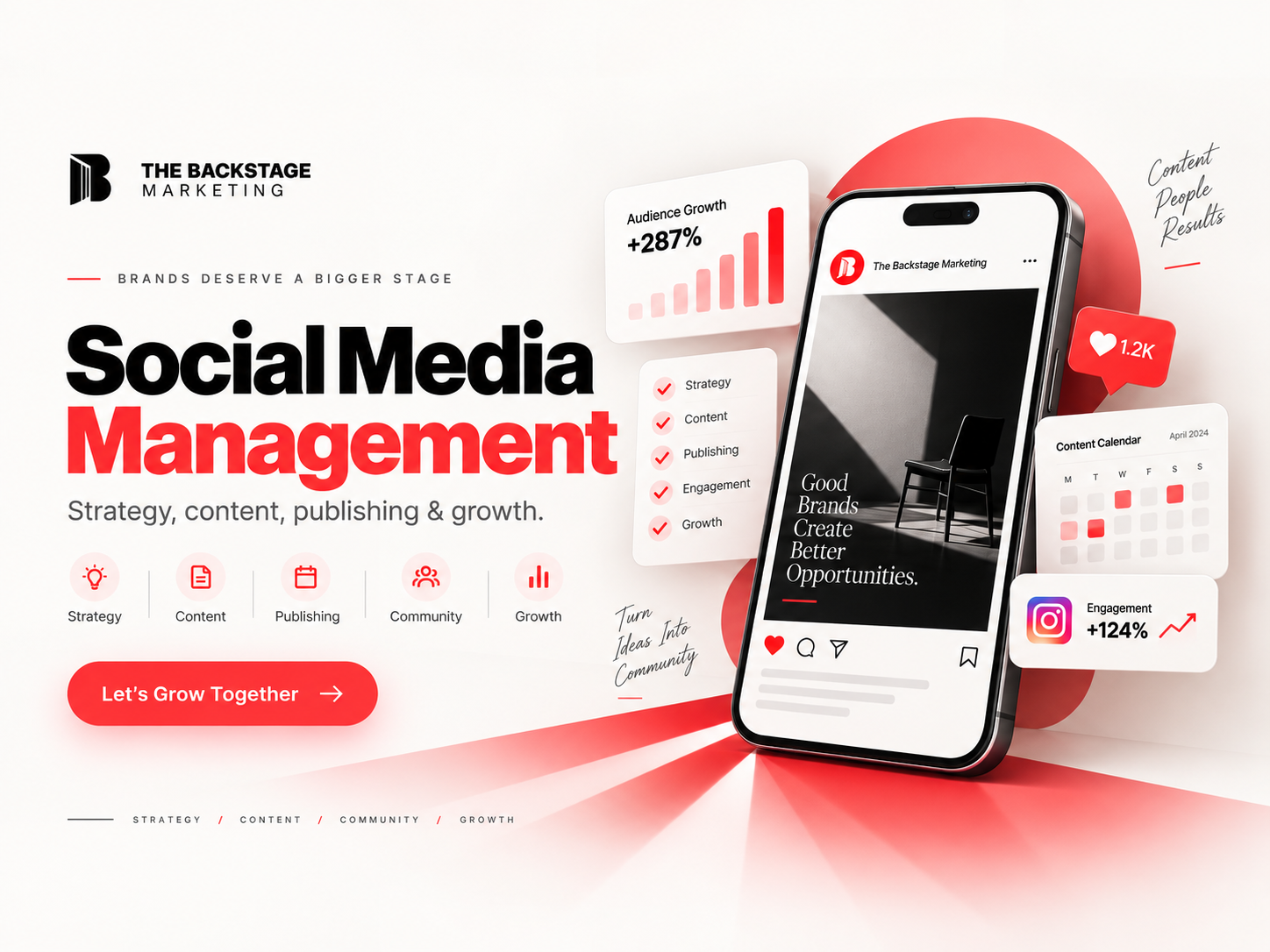 Social media management, content strategy, community management, social media campaigns, audience growth, social media marketing