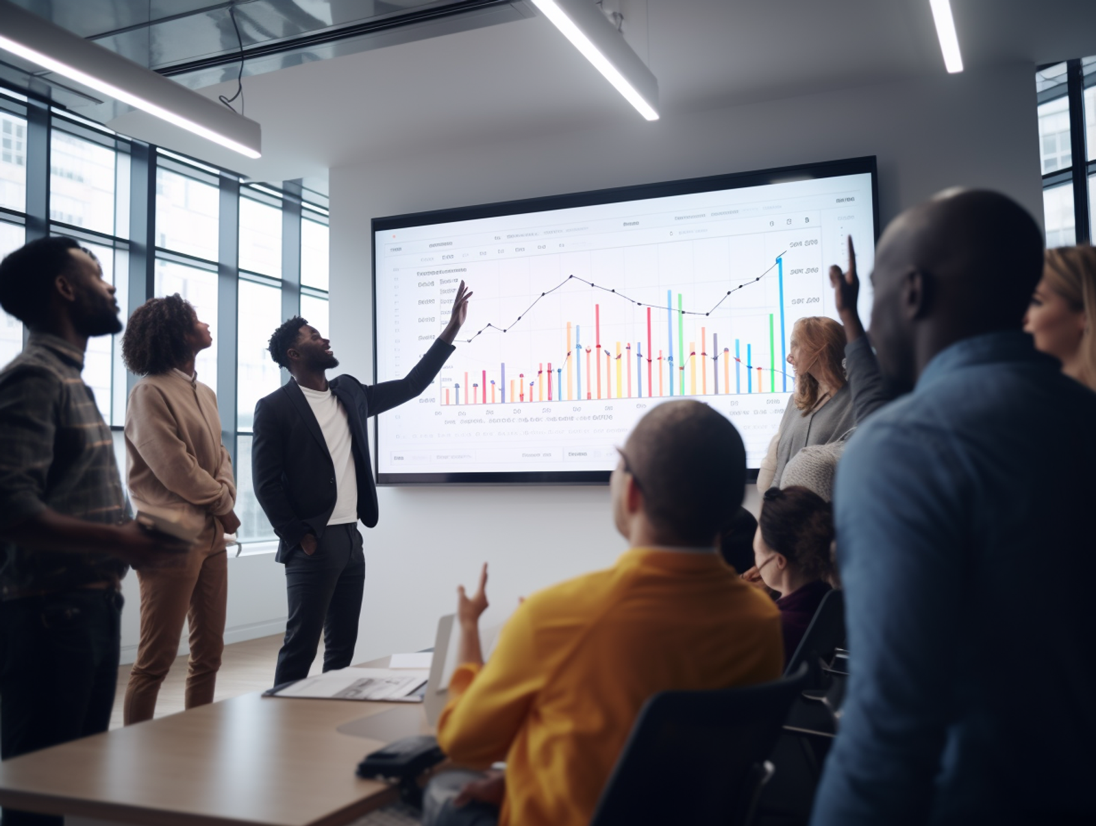 A class of students reviewing a display of their data on a large screen