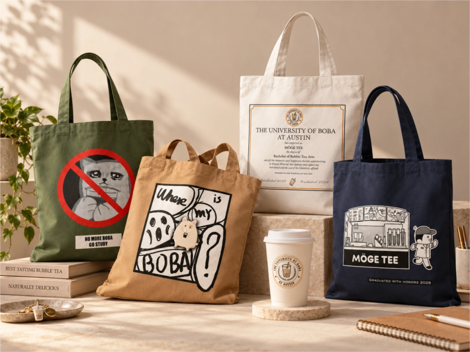 Four MOGE TEE farewell tote bag designs displayed with a branded cup mockup.