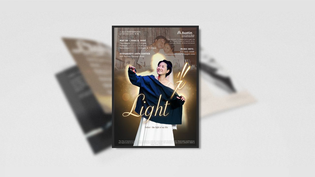 Open Light playbill mockup showing creative team credits and a performer portrait.