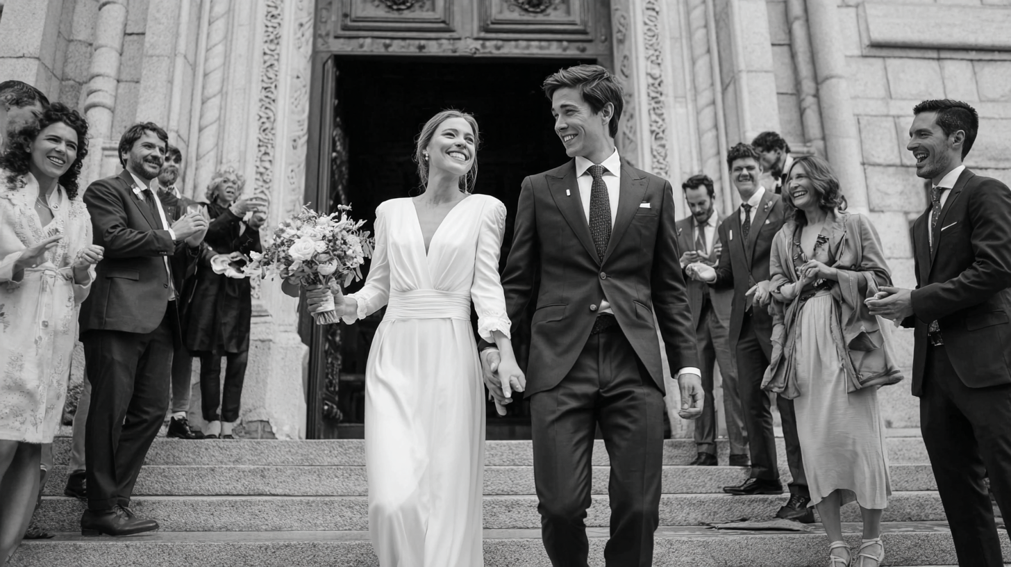 et brudepar som går nedover trapper