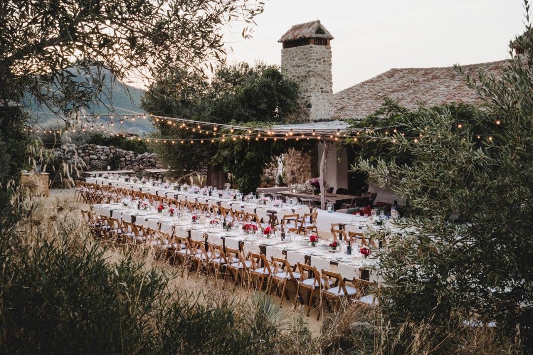 Langbord dekket til bryllupsfest på en rustikk finca i Spania, omgitt av oliventrær og lyslenker.