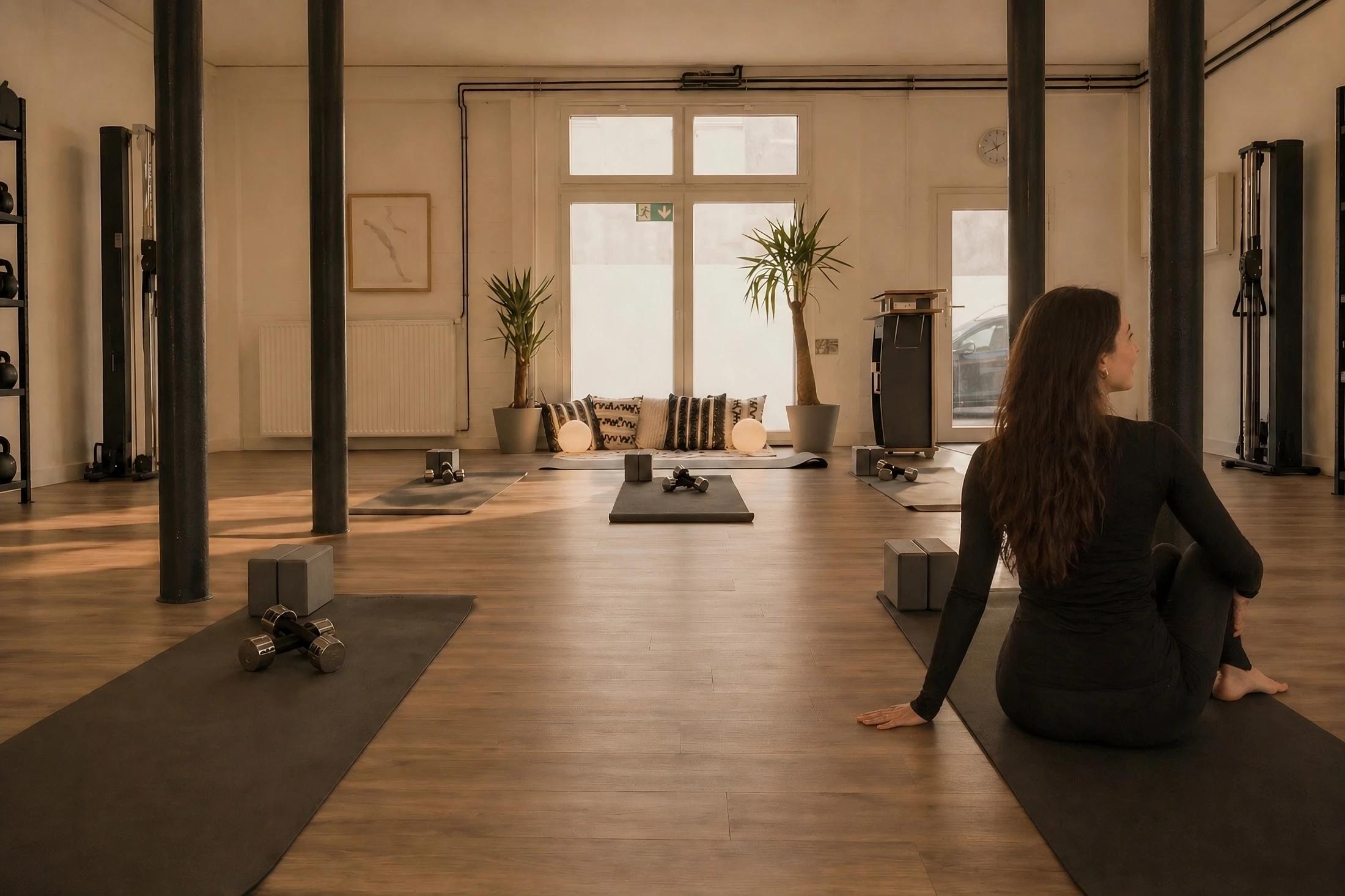 Blick in den Praxisraum: helle Trainingsfläche unter hohen Fenstern in Hamburg-Uhlenhorst