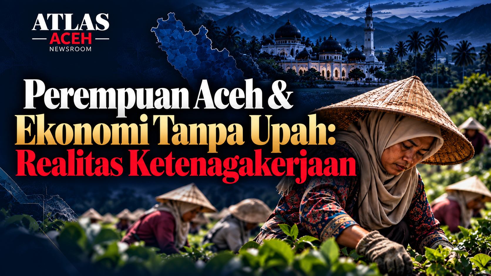 Ilustrasi editorial perempuan Aceh bekerja di lahan pertanian, menggambarkan ekonomi keluarga dan pekerjaan tanpa upah langsung.