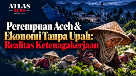Ilustrasi editorial perempuan Aceh bekerja di lahan pertanian, menggambarkan ekonomi keluarga dan pekerjaan tanpa upah langsung.