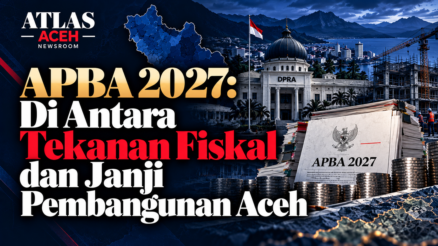 Ilustrasi editorial APBA 2027 Aceh, tekanan fiskal, dan prioritas pembangunan pemerintah daerah.
