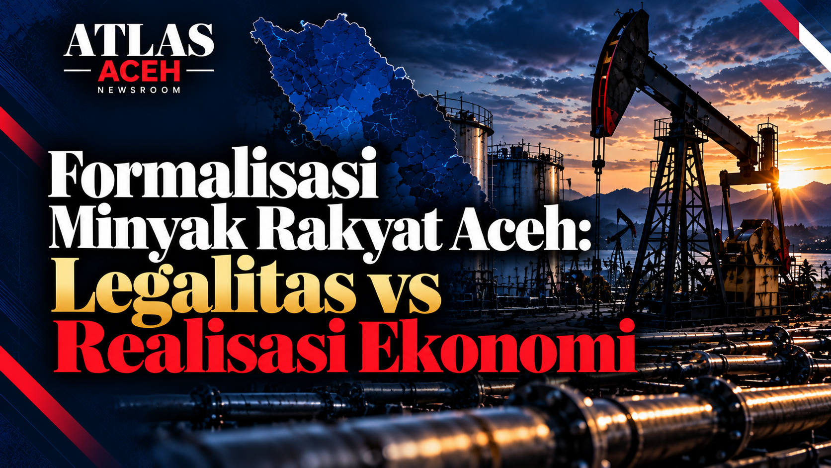 Ilustrasi peta Aceh dan pompa minyak dengan teks Formalisasi Minyak Rakyat Aceh: Legalitas vs Realisasi Ekonomi.
