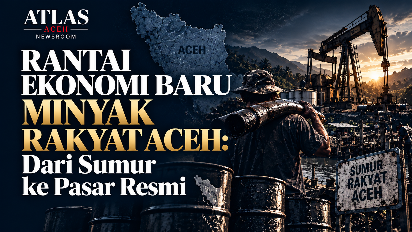 Ilustrasi Atlas Aceh Intelligence Brief tentang rantai ekonomi sumur minyak masyarakat Aceh menuju pasar resmi