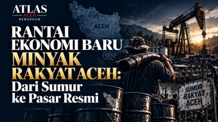 Ilustrasi Atlas Aceh Intelligence Brief tentang rantai ekonomi sumur minyak masyarakat Aceh menuju pasar resmi