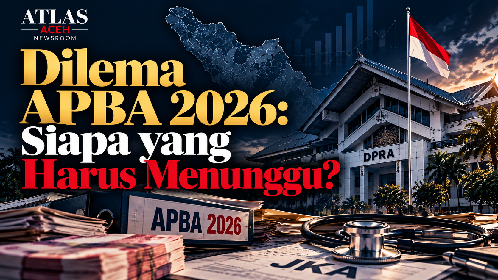 Ilustrasi Atlas Aceh Intelligence Brief tentang APBA 2026, kebutuhan JKA, Pokir dan daftar program yang berpotensi direalokasi