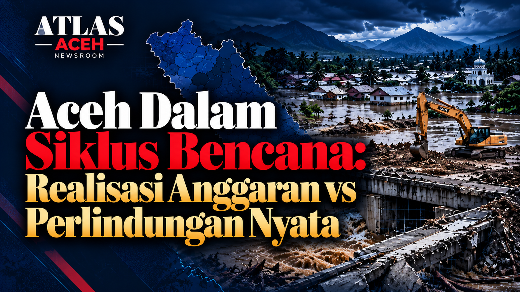 Ilustrasi editorial siklus banjir dan longsor Aceh serta evaluasi anggaran mitigasi dan perlindungan masyarakat.