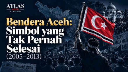 Ilustrasi Atlas Aceh Intelligence Brief tentang sengketa Bendera Aceh, Helsinki, UUPA dan hubungan Aceh–pemerintah pusat