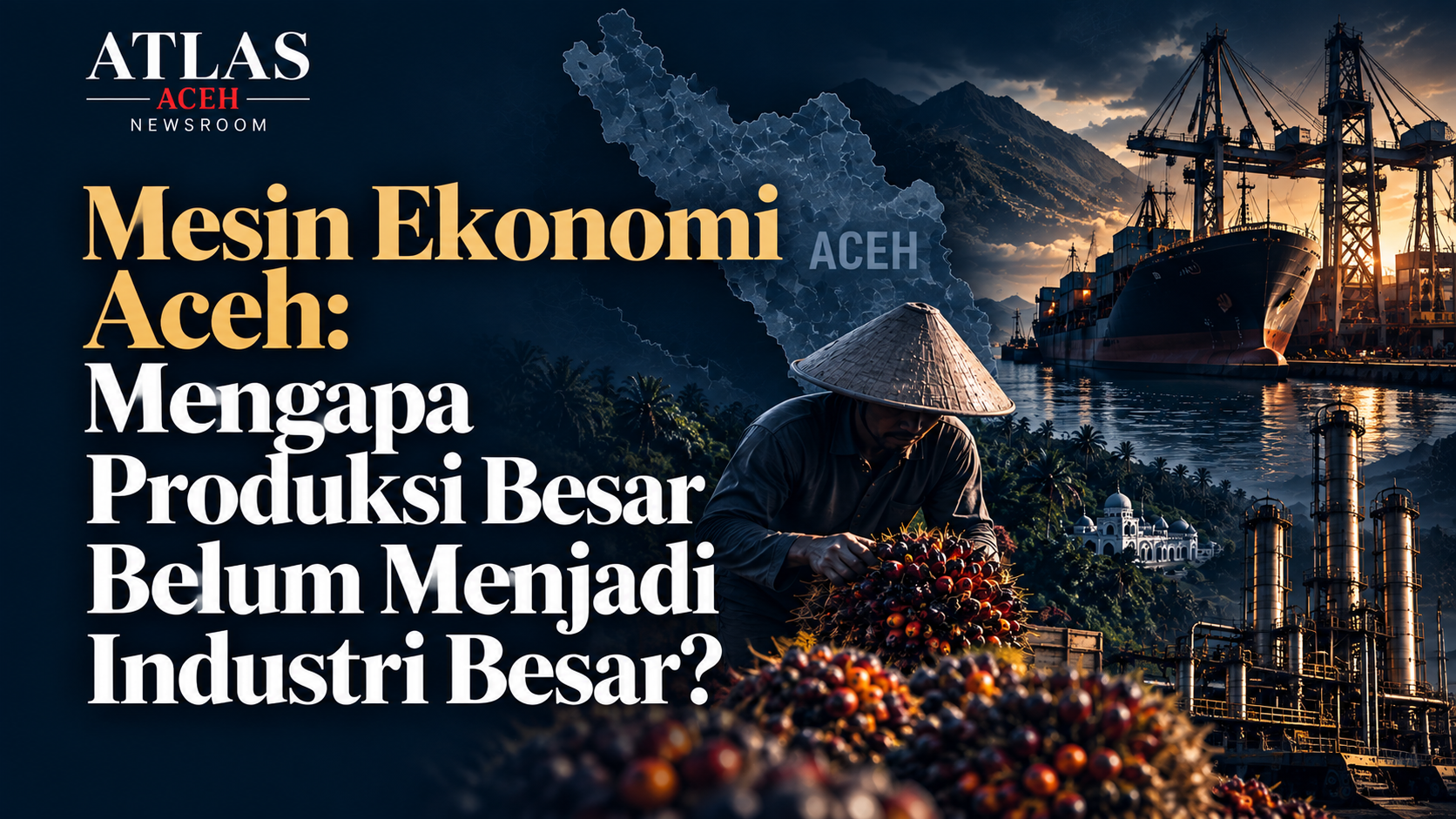 Ilustrasi Atlas Aceh Intelligence Brief tentang mesin ekonomi Aceh, produksi primer, industri pengolahan, investasi dan nilai tambah