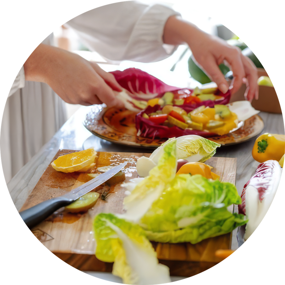 A private chef's hands arranging leaves on a salad plate.