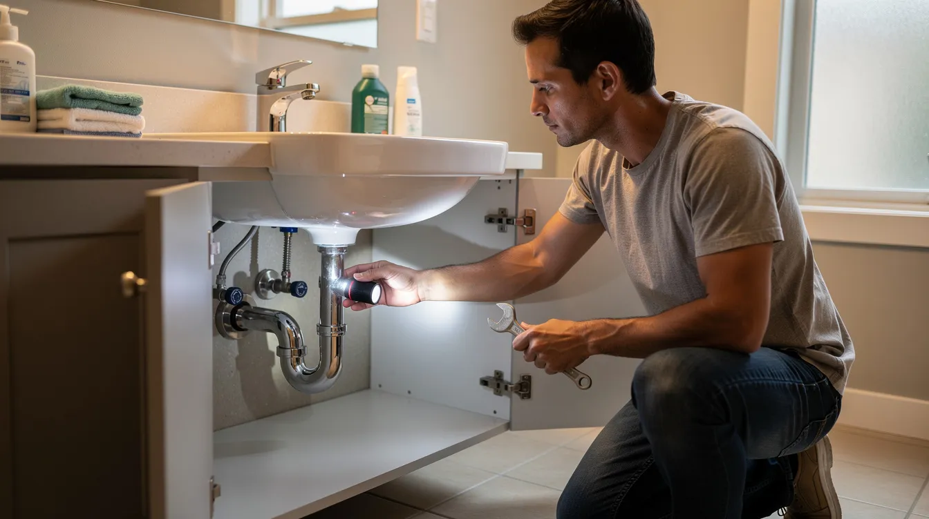 A homeowner is crouched down, inspecting the plumbing connections under a bathroom sink, focusing on the drain line and vent pipe. This scene highlights the importance of checking for plumbing issues, such as slow drains or bubbling sounds, which could indicate problems in the sewer system.