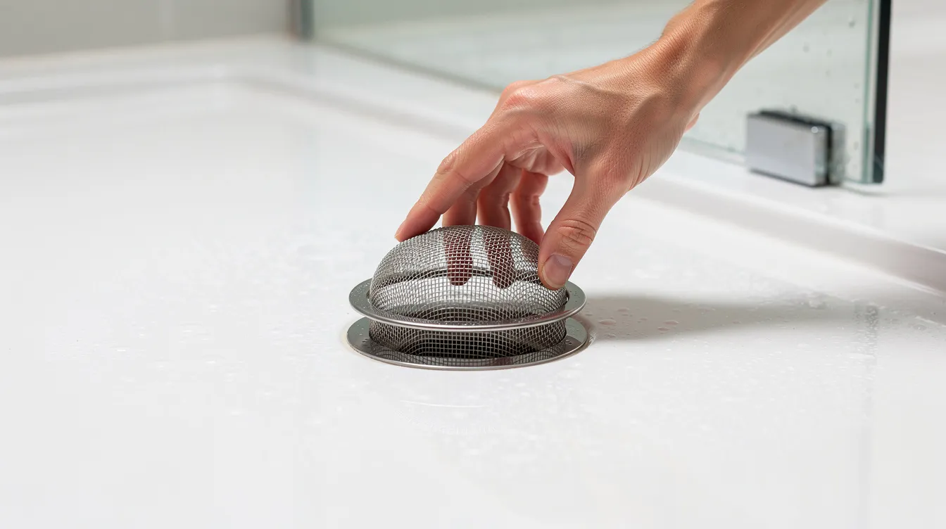 A homeowner placing a mesh drain strainer over a shower drain