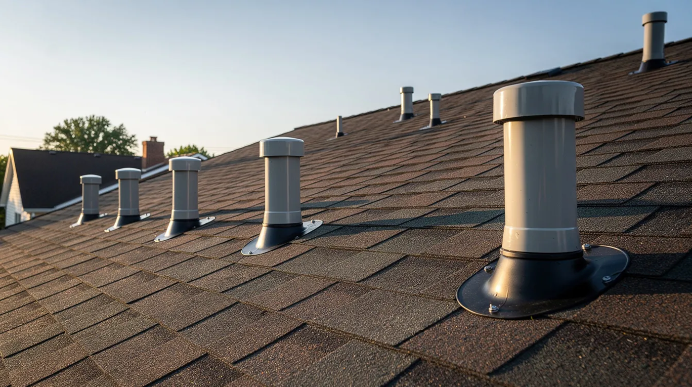 The image depicts a residential rooftop featuring several plumbing vent pipes extending above the shingles, which are crucial for proper venting in the plumbing system. These vent pipes help to prevent issues such as slow drainage and gurgling toilets by allowing air to escape and maintaining air pressure in the drain lines.