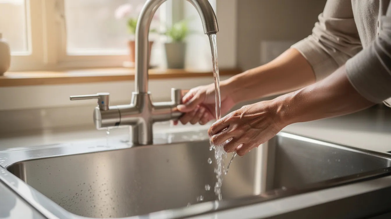 A close-up image shows a homeowner testing the water flow from a kitchen faucet, with both hot and cold handles clearly visible. This scene highlights the importance of checking for hot water pressure issues, which can be caused by sediment buildup in the plumbing system.