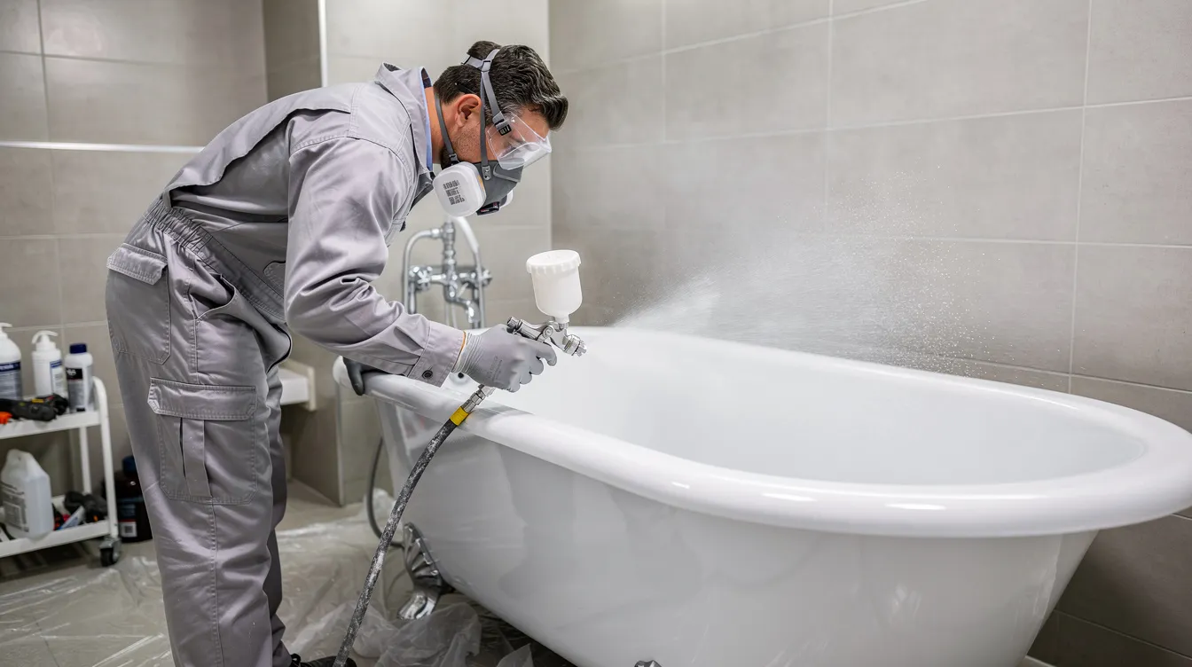 A professional refinisher in work gear is applying a new coating to the surface of a bathtub, demonstrating the bathtub reglazing process. This method provides a cost-effective way to restore the tub's surface, giving it a long-lasting finish and a brand new look without the need for replacing the existing tub.
