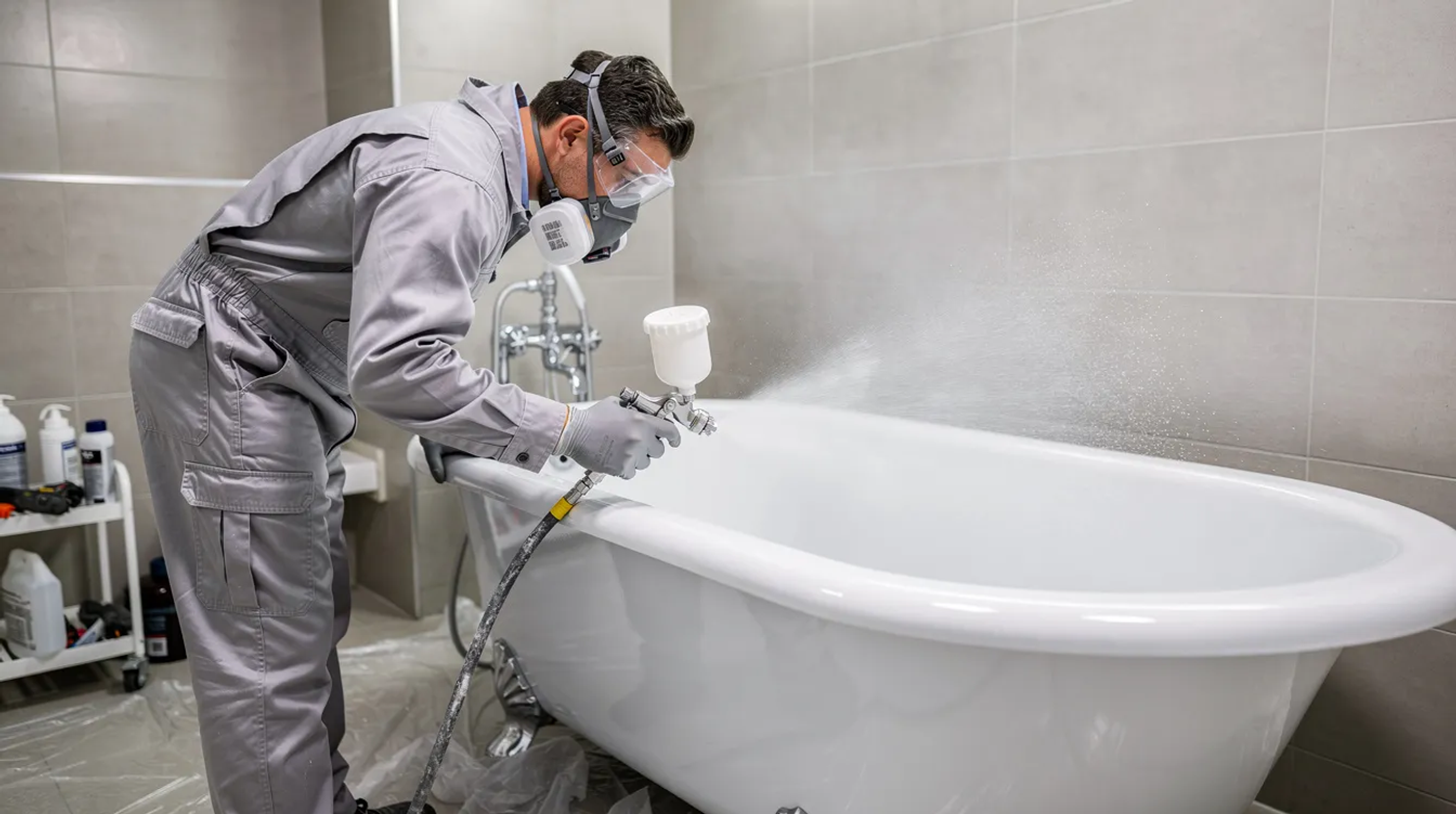A professional refinisher in work gear is applying a new coating to the surface of a bathtub, demonstrating the bathtub reglazing process. This method provides a cost-effective way to restore the tub's surface, giving it a long-lasting finish and a brand new look without the need for replacing the existing tub.